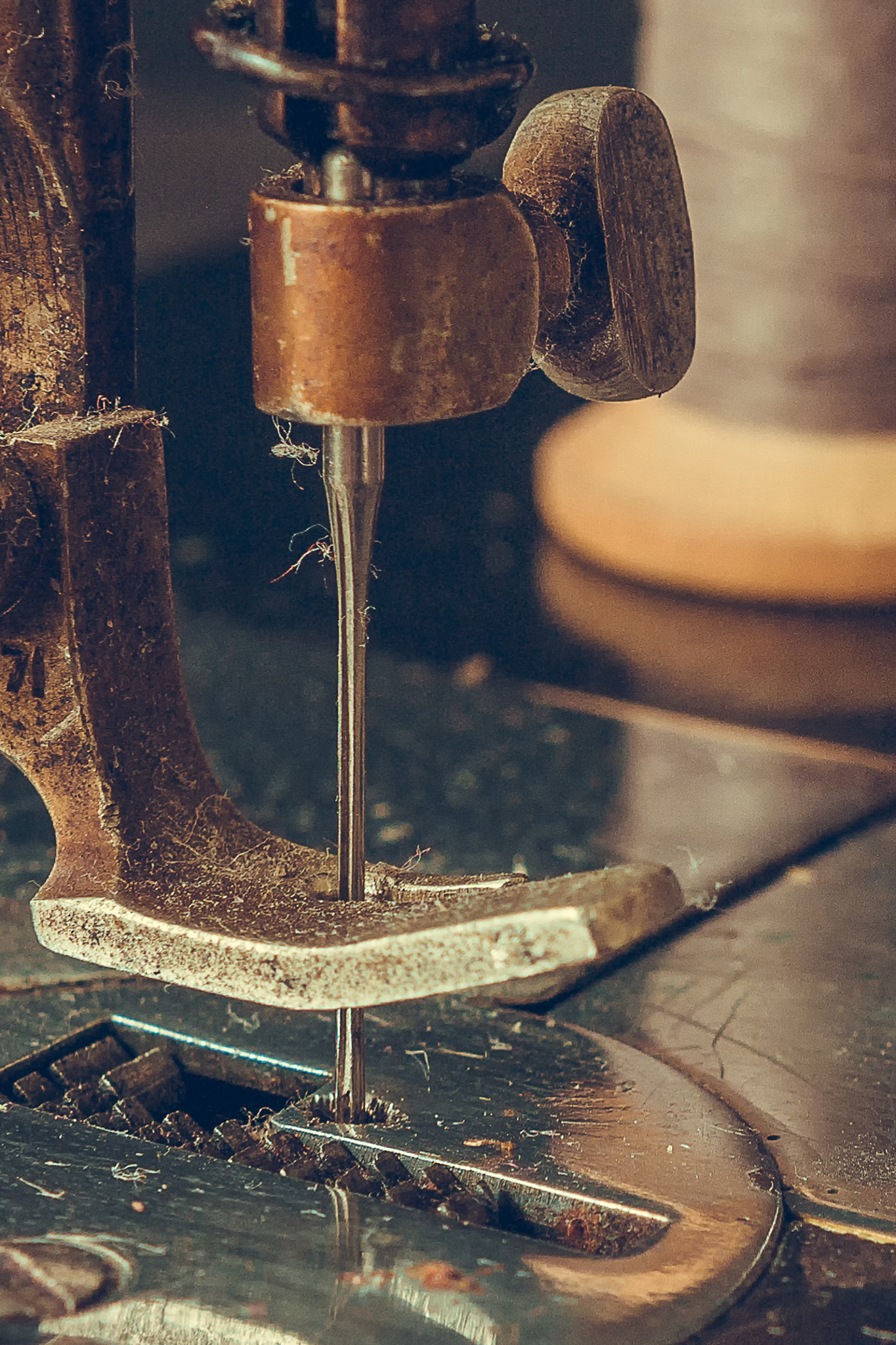 Black retro sewing machine in an old house long banner